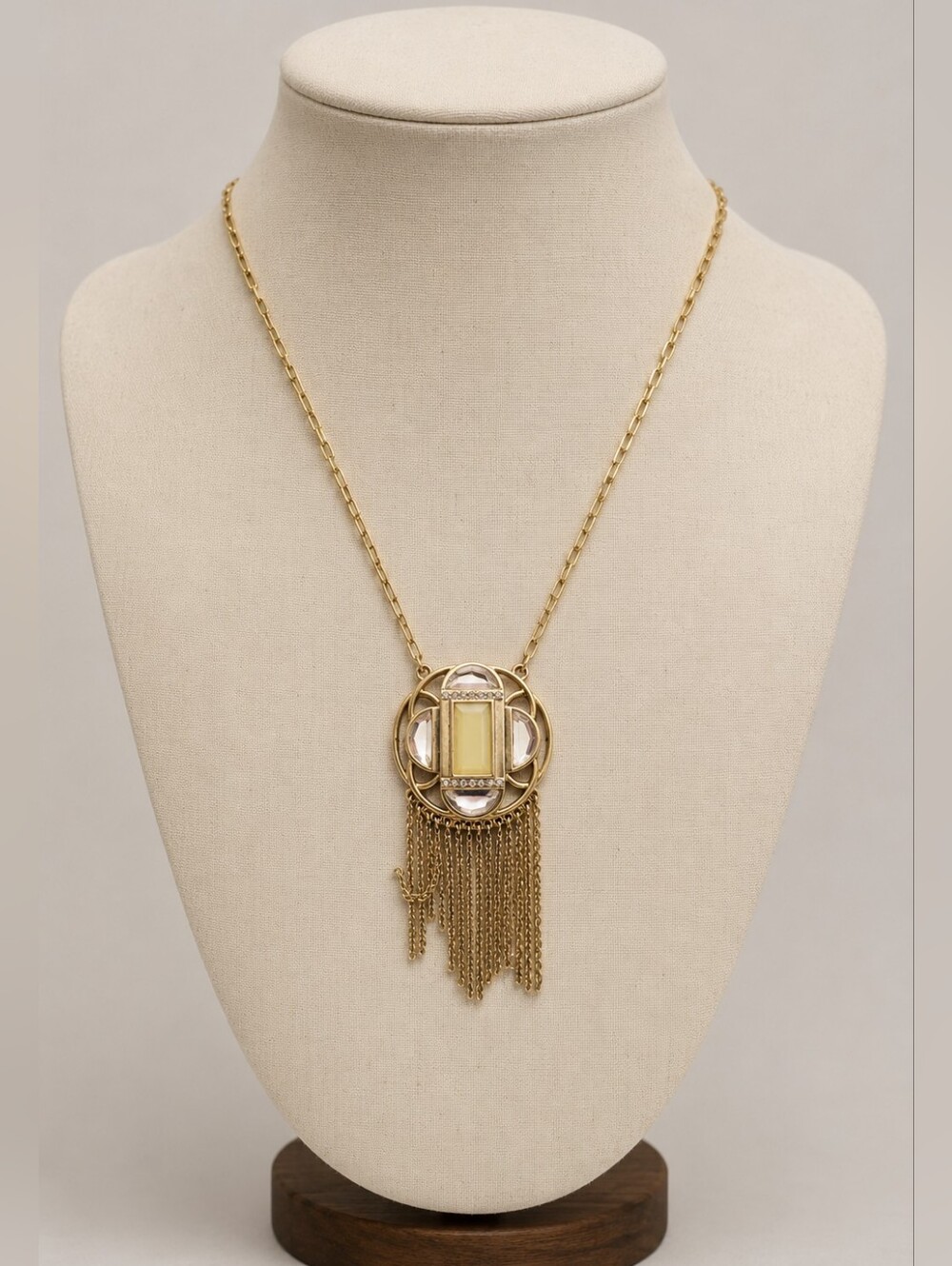 Lia Sophia Statement Necklace – Gold Tone Fringe Pendant with Faceted Crystals